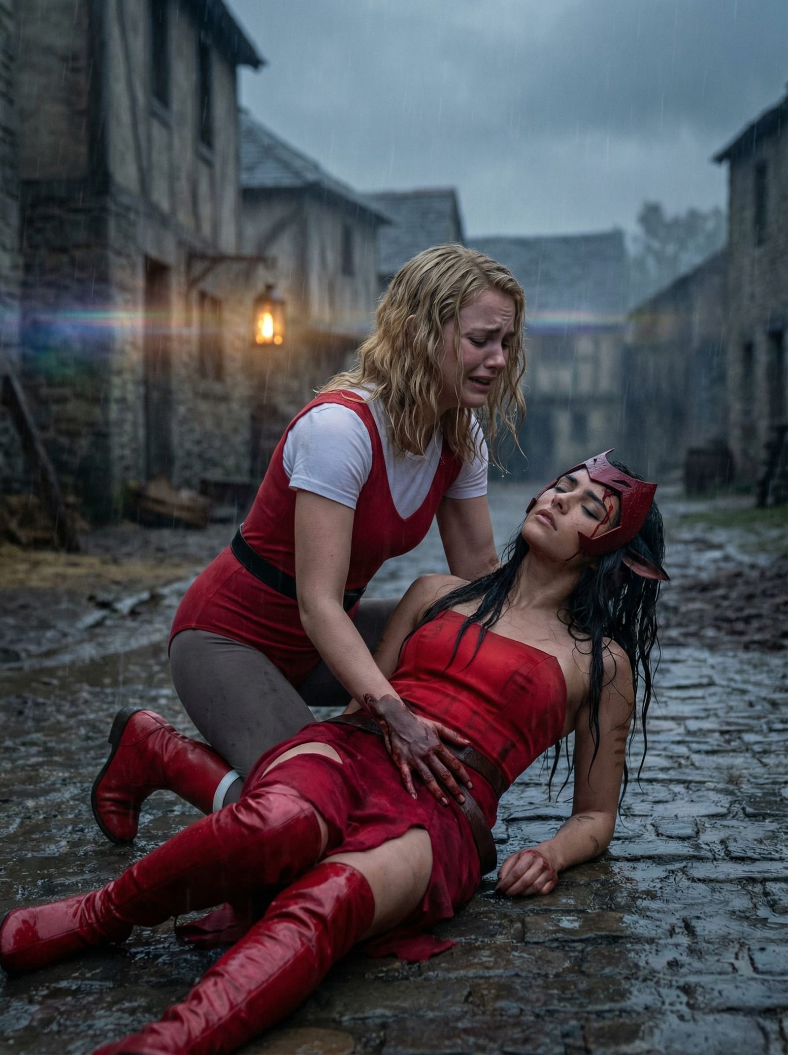 Adora Tends to Injured Catra in Photorealistic Scene