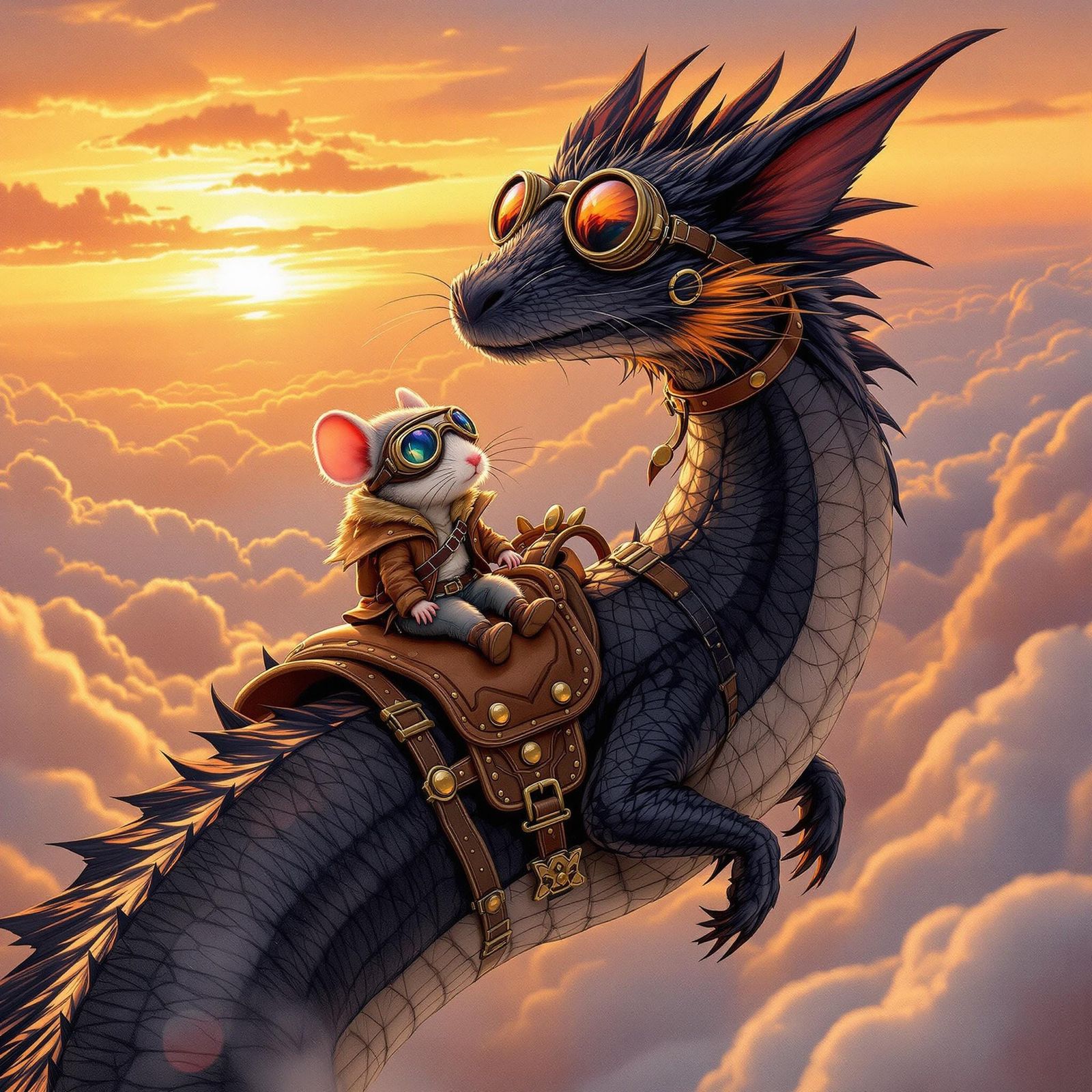 Whimsical Mouse and Dragon in Sunset Flight