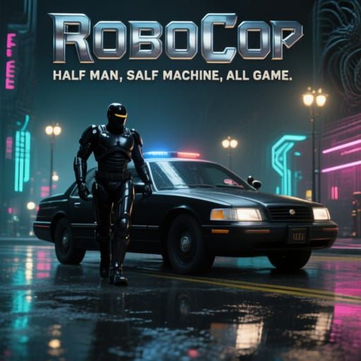 Robocop in Cyberpunk Cityscape with Neon Accents