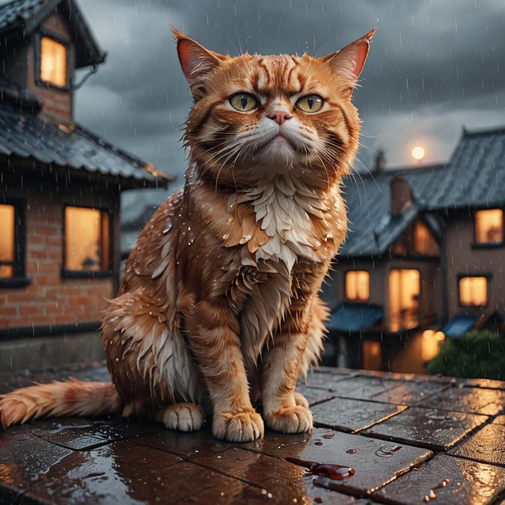 Grumpy Red Cat on Rainy Roof in Fantasy Art