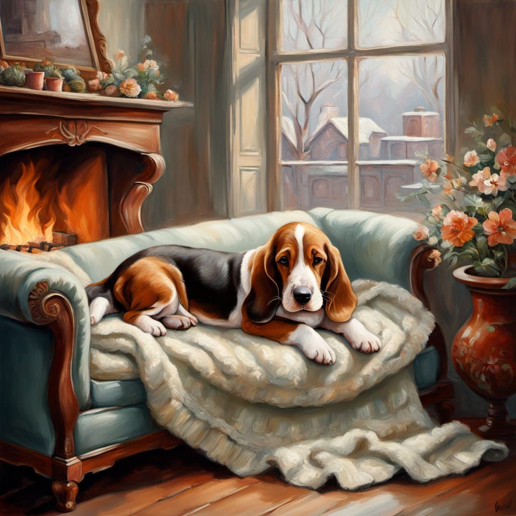 Dreamlike Basset Hound Puppy Sleeping on Antique Furniture