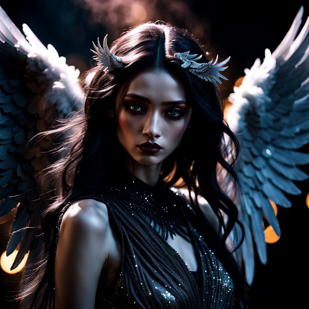 Hyperrealistic Dark Angel in Dystopian Twilight