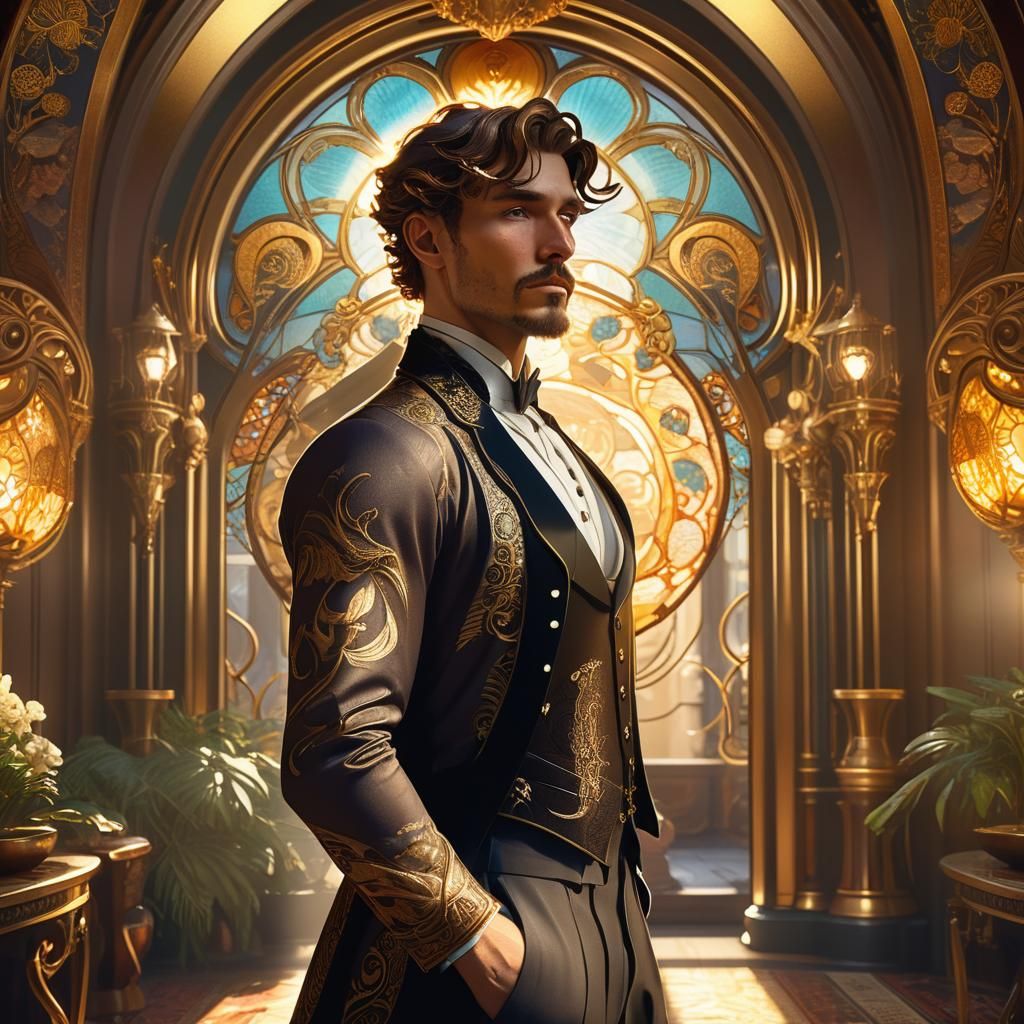 Opulent Art Nouveau Portrait in Golden Light