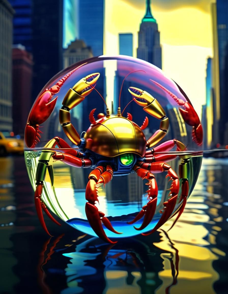 Crystal Orb with Robot Lobster Over New York City
