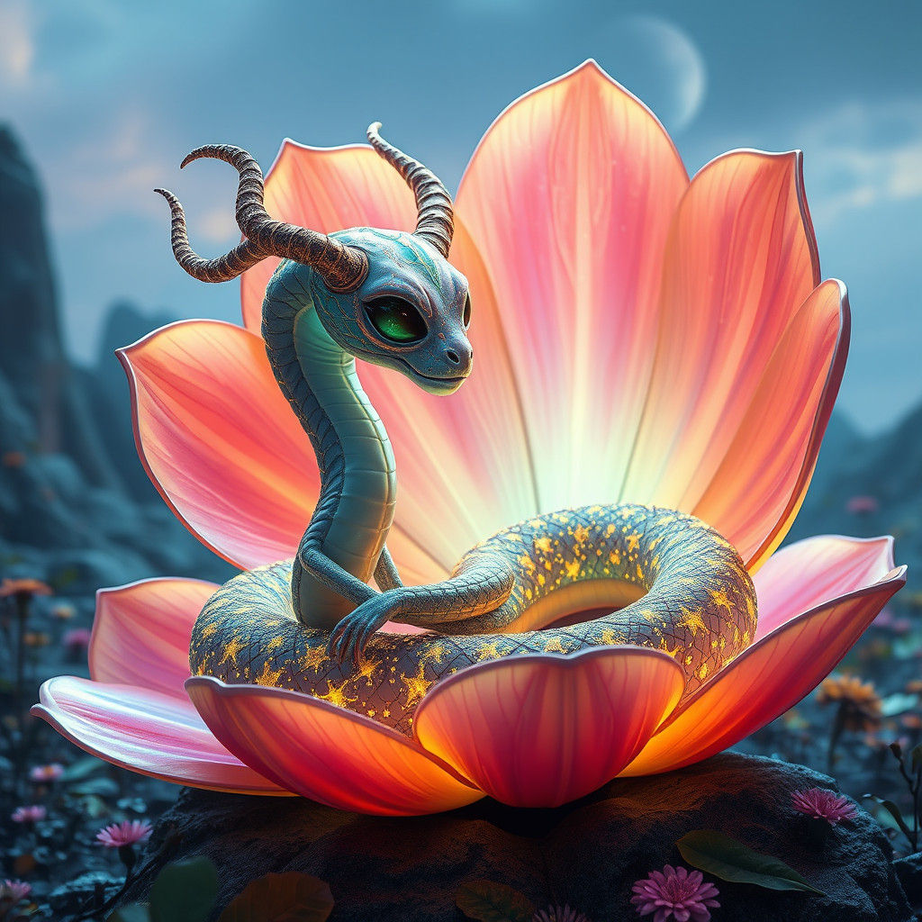 Luminescent Alien Serpent in Galactic Flower Wonderland
