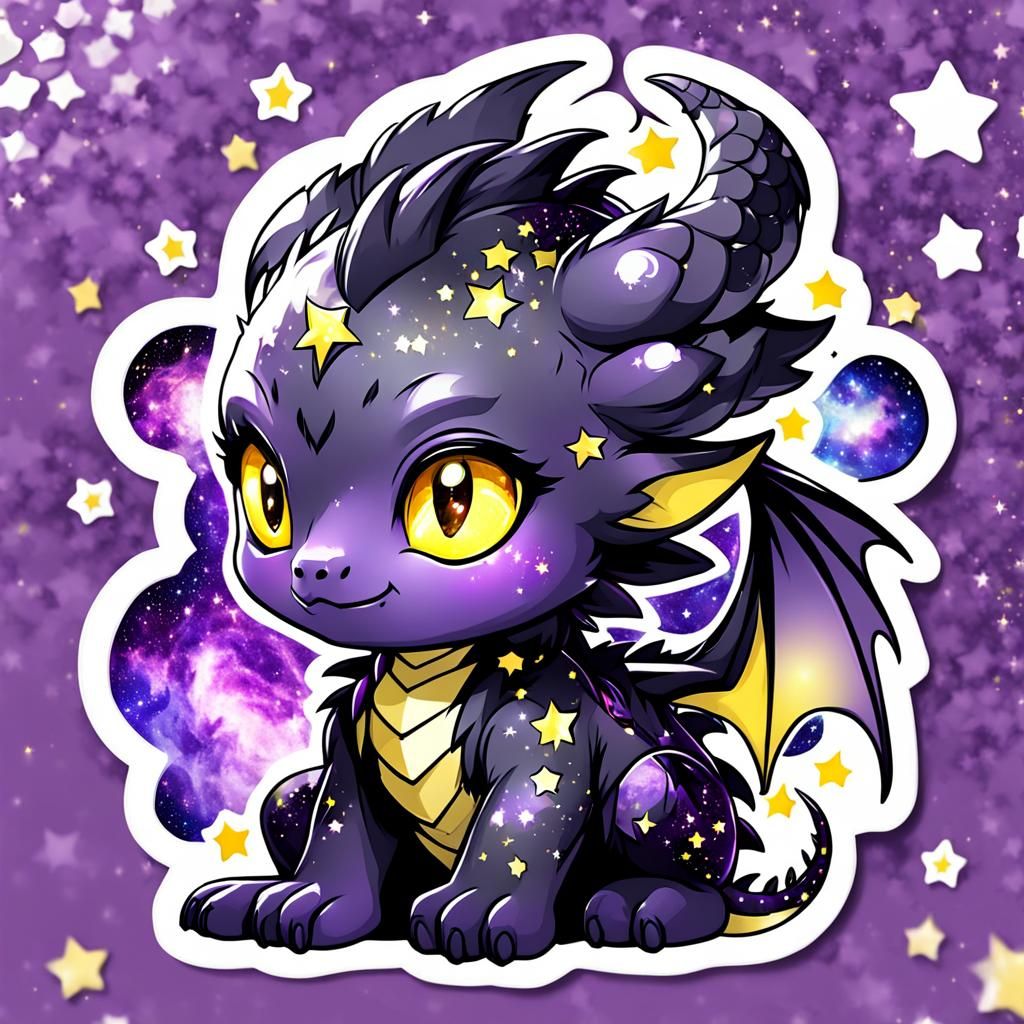 adorable baby dark purple and black with stars chibi  dragon with big galaxy starry yellow eyes sticker