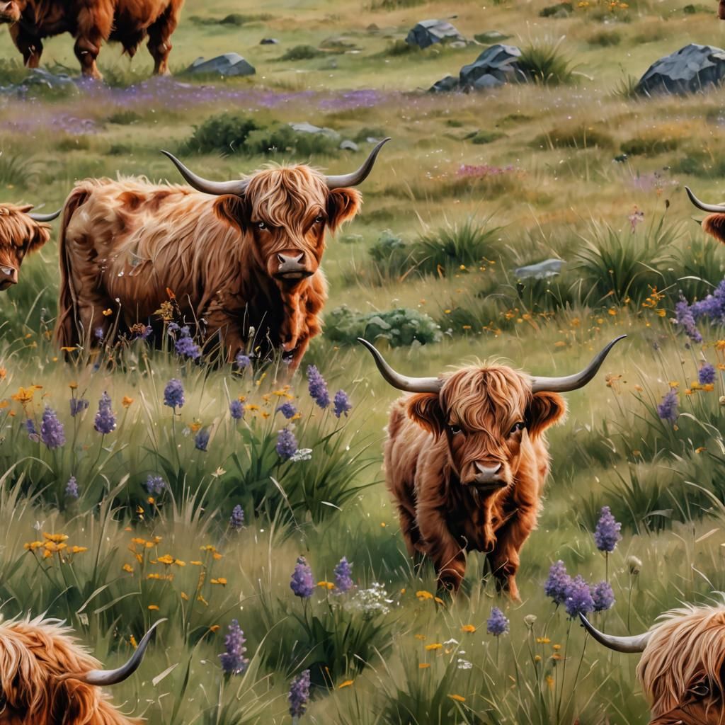 Watercolor Highland Calf in Meadow: Fantasy Art