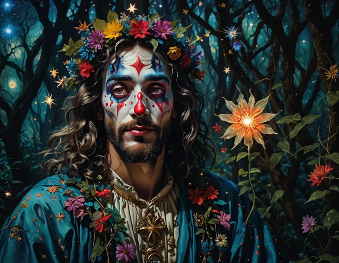 Surreal Djinn Clown Portrait in Mystical Forest