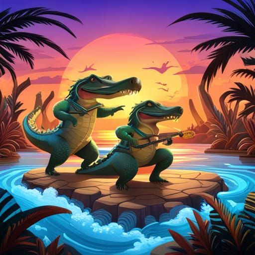 Alligator Rock and Roll Concert at Sunset, Digital Art