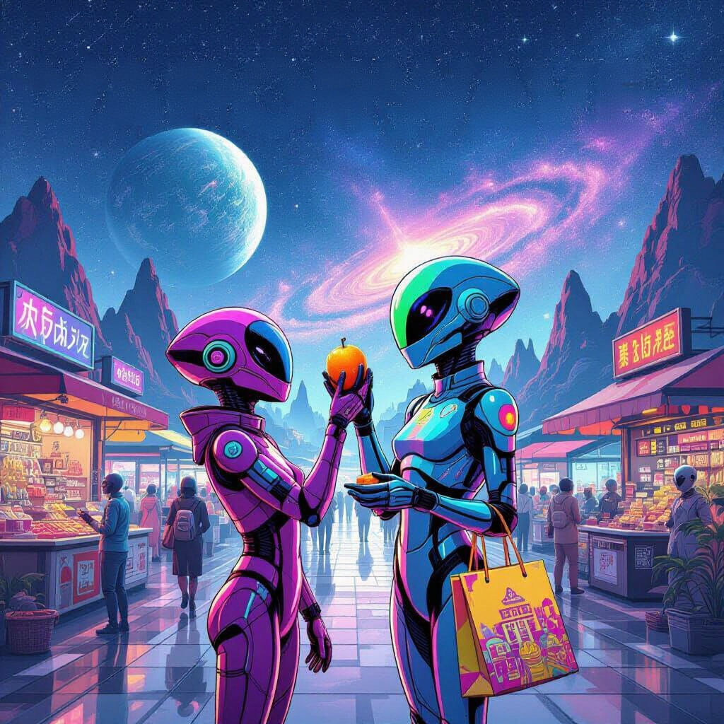 Vaporwave Alien Marketplace with Galaxy Sky