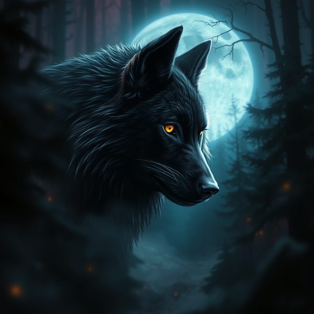 Majestic Black Wolf Emerges from Moonlit Forest Shadows