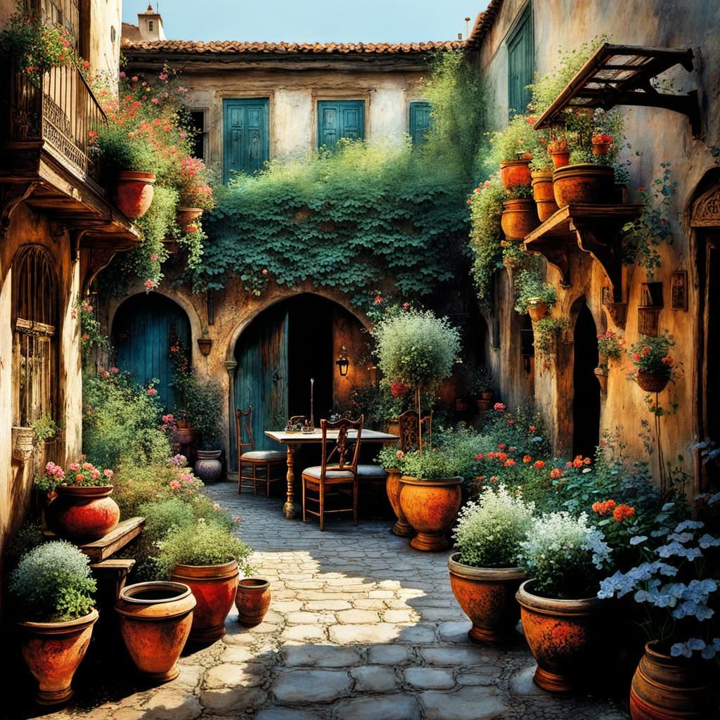 Whimsical Arabic Courtyard at Dusk in Visceral, Deep Colors