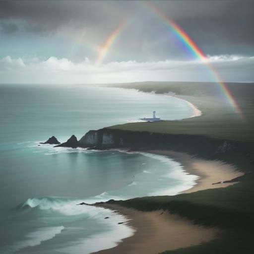 Rainbow Sailing Boat in Misty Impressionist Seascape