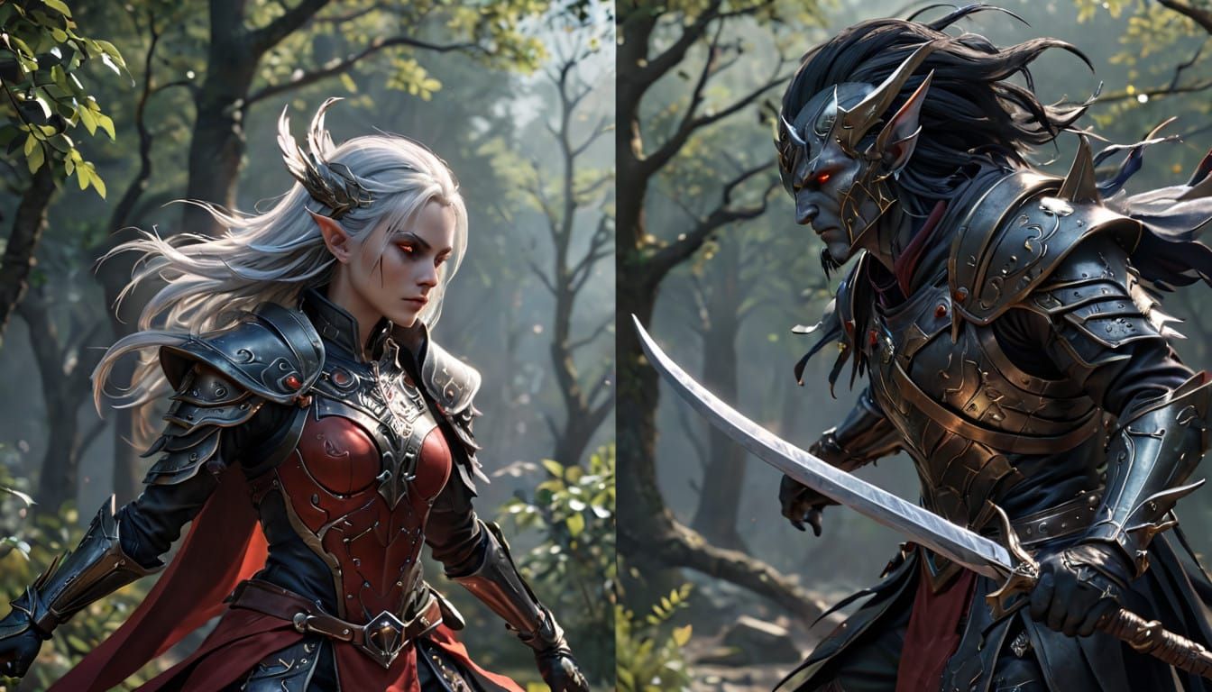 Dark Elves Engage in Epic Duel in Cyberpunk Fantasy Style