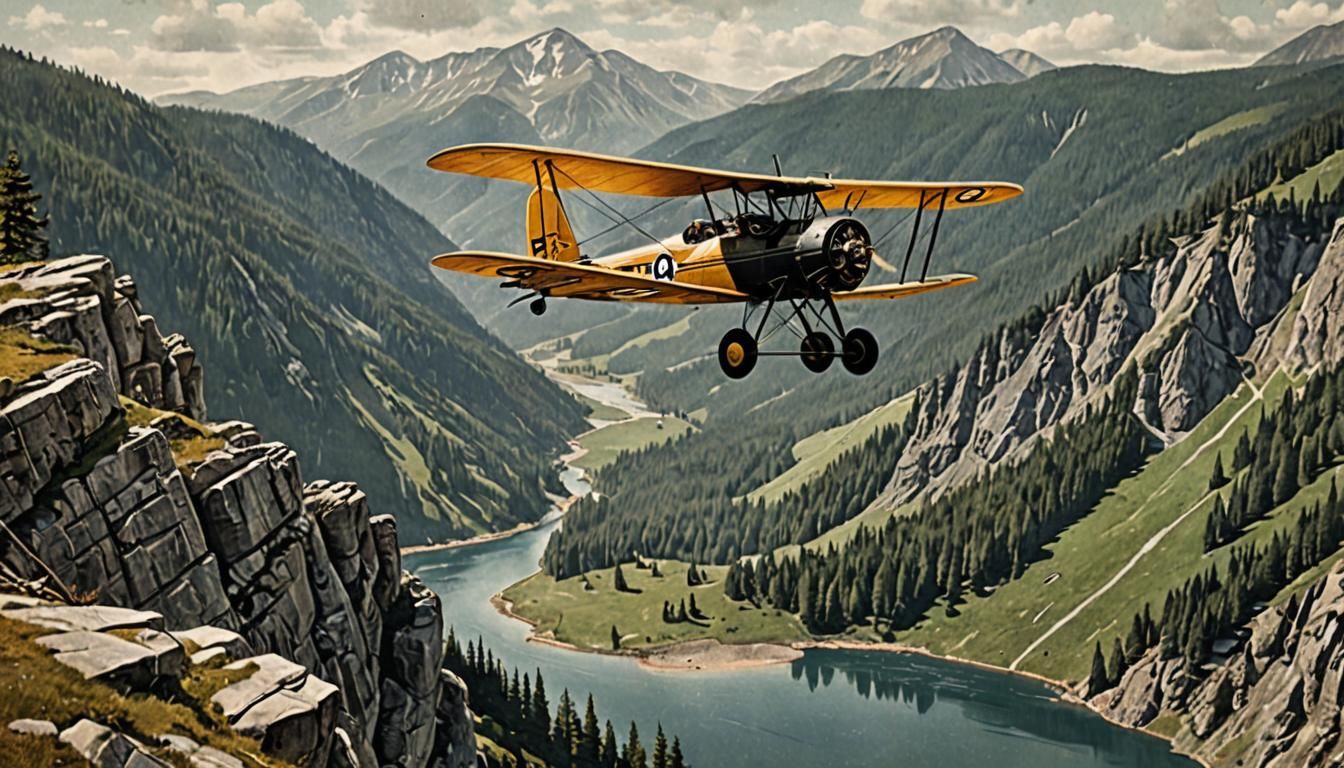 Vintage Biplane Flies Over Mountain Lake