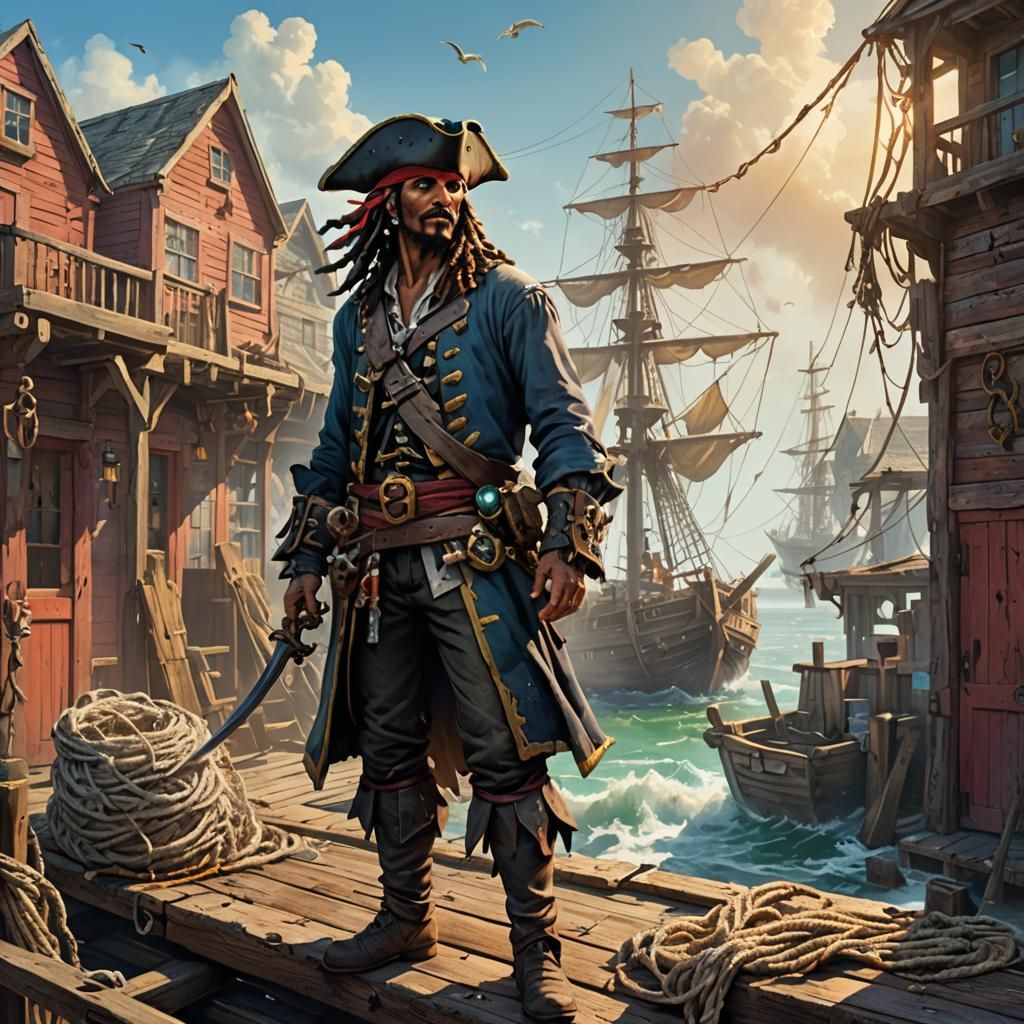 Pirate in Seaside Town: Fantasy Illustration