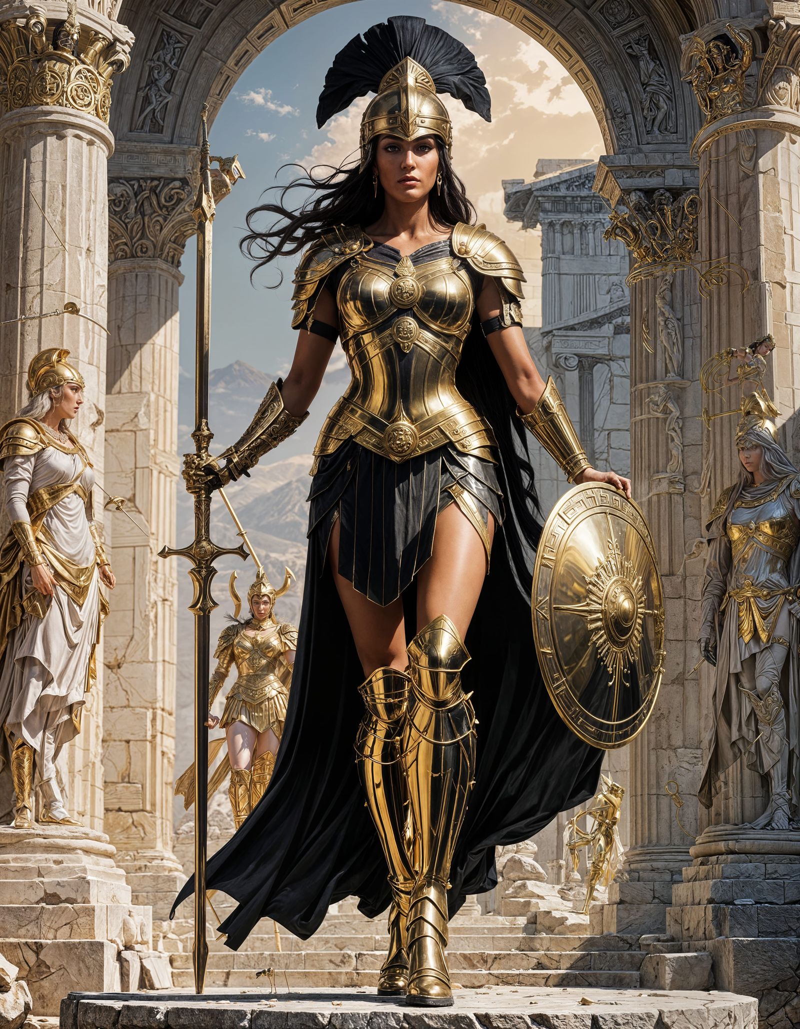 Goddess Athena in Gold Armor on Olympus