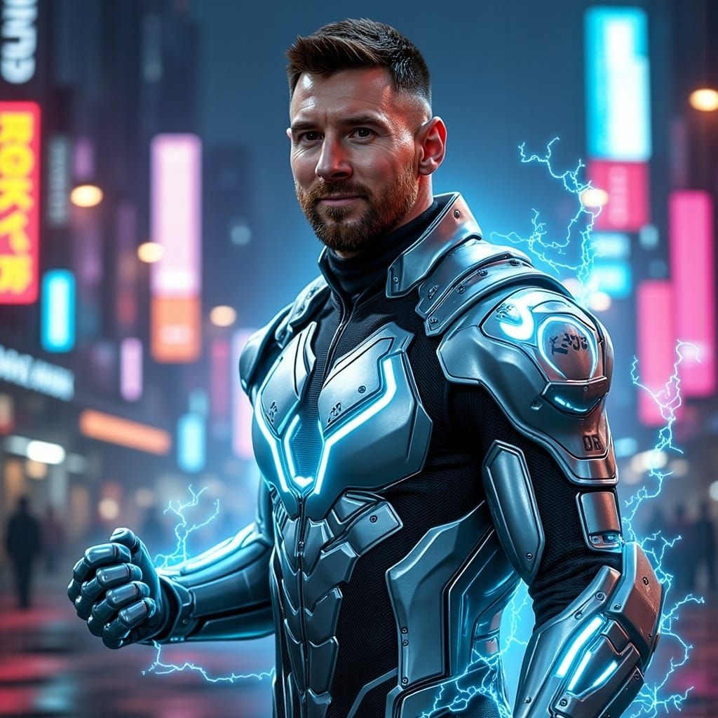 Futuristic Superhero in Neon Armor with Energy Arcs