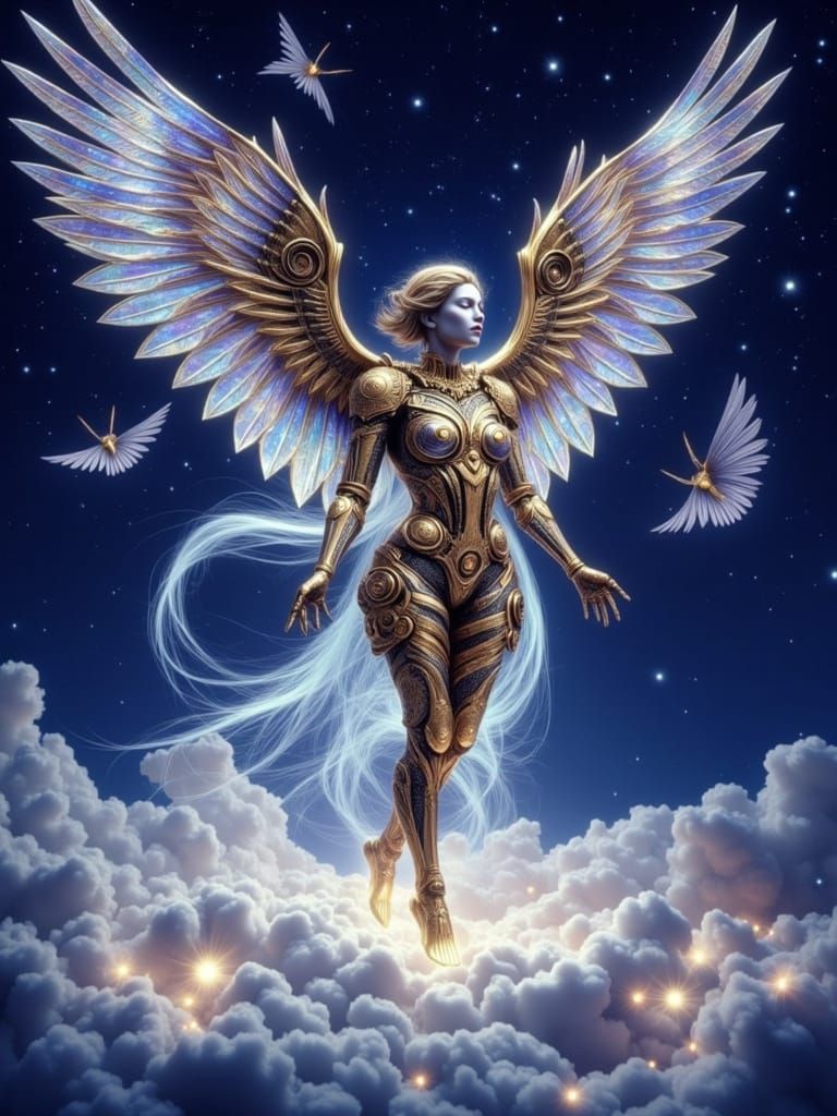 Clockwork Angel with Iridescent Wings on Light Cloud