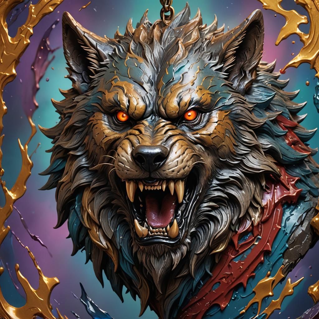 Detailed Werewolf Amulet in Hyperrealistic Splash Art
