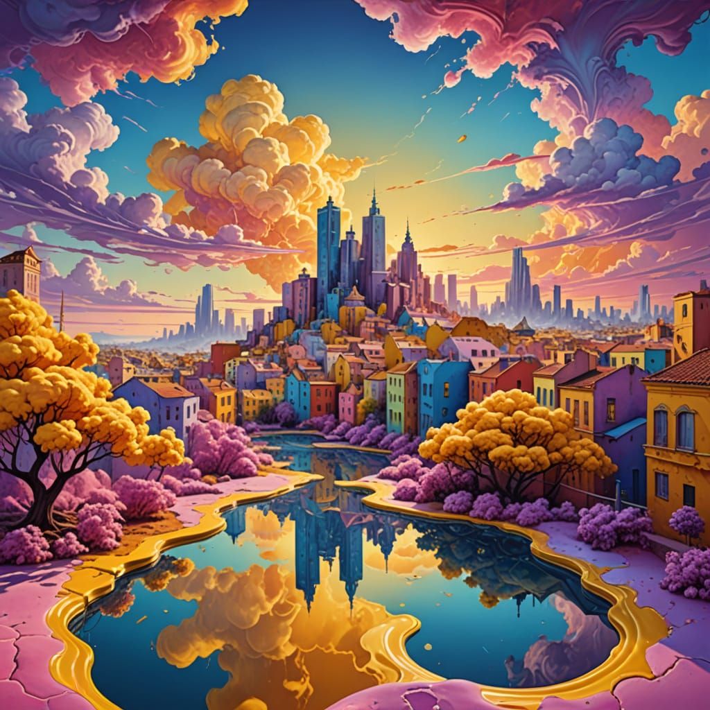 Vibrant Cityscape Melts into Gingham Dreamscapes