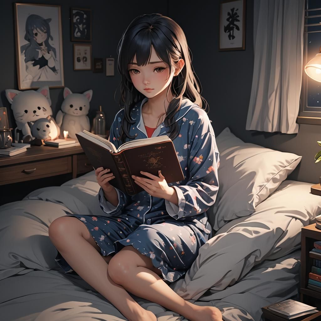 Anime Girl Reading Book in Dark Bedroom