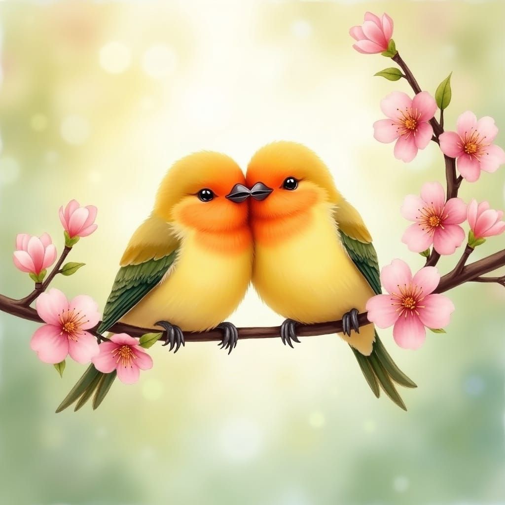 Lovebirds Perched on Cherry Blossom Branch in Storybook Styl...