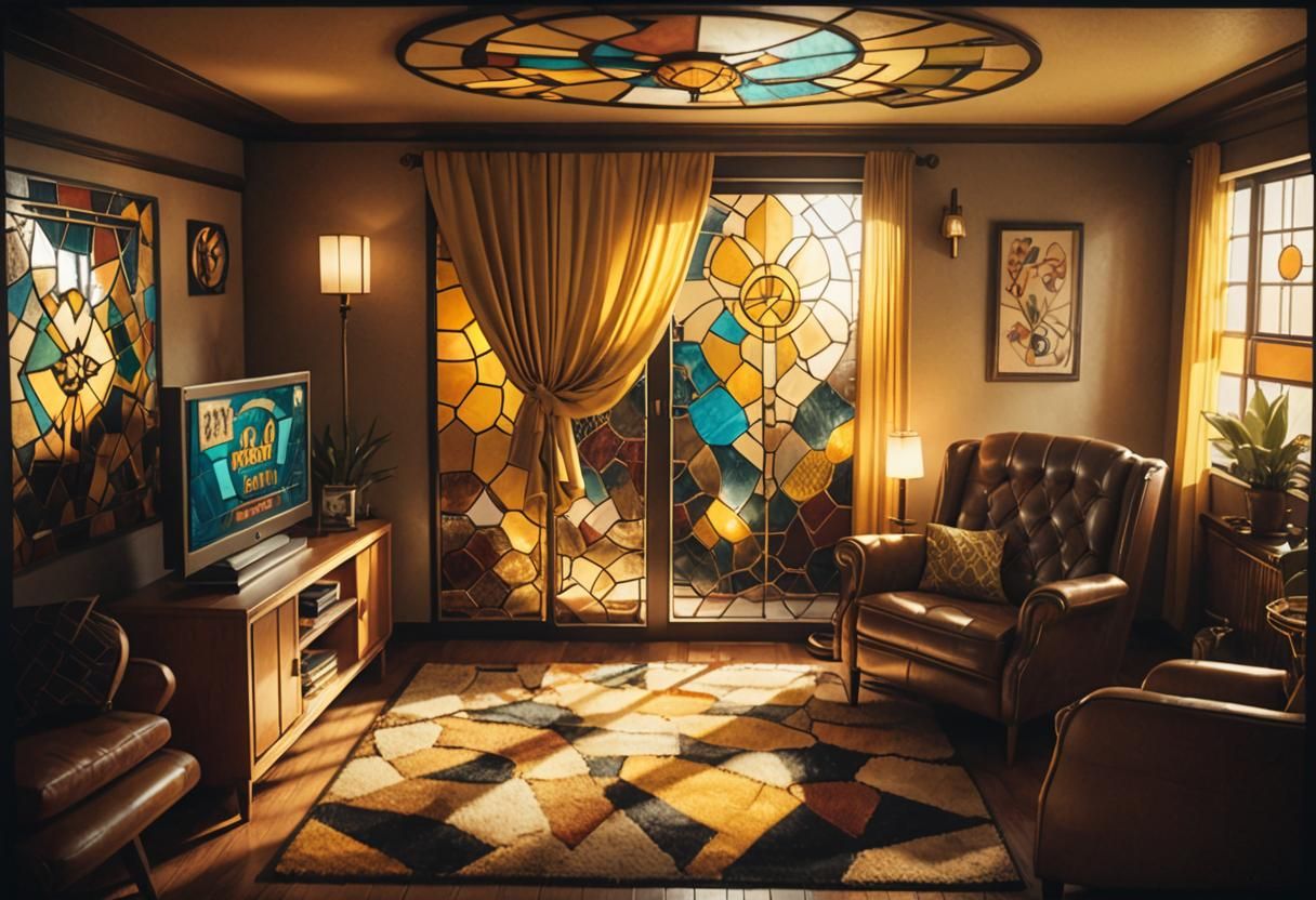 Vibrant Art Deco Living Room with Stained Glass