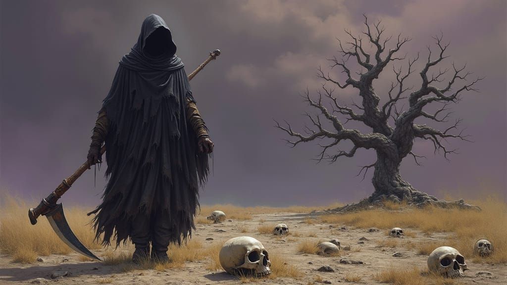 Shrouded Figure Walks Through Desolate Landscape