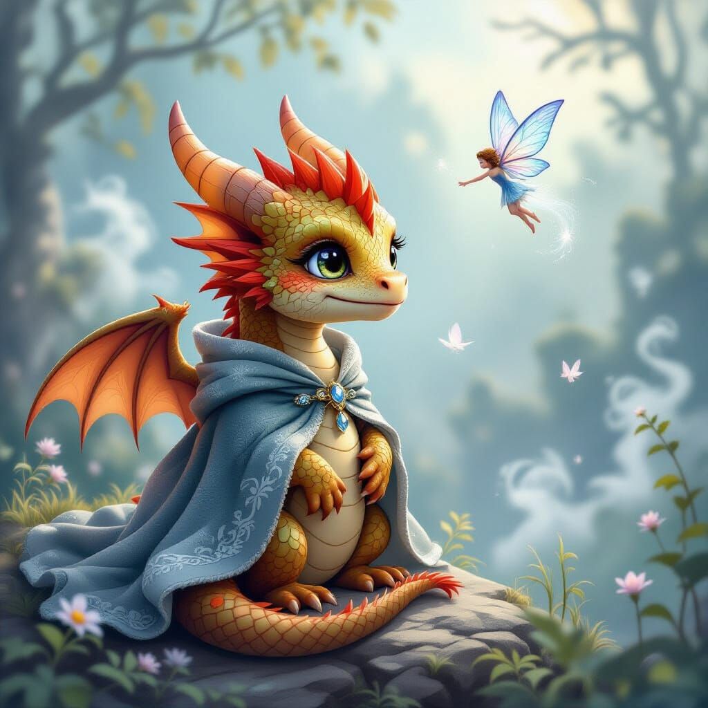 Jeweled Dragon Watching Fairy, Fantasy Art