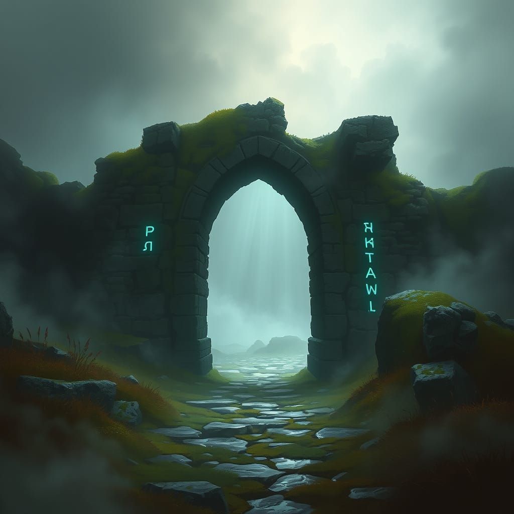 Ancient Stone Archway in Misty Moor - Fantasy Art