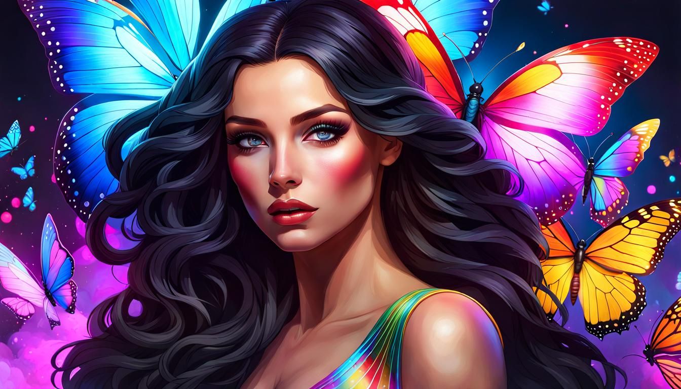 Ethereal Goddess of Rainbow Mist and Vibrant Butterflies in...