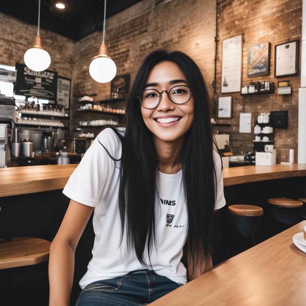 Girl Smiling in Coffee Shop with Glasses