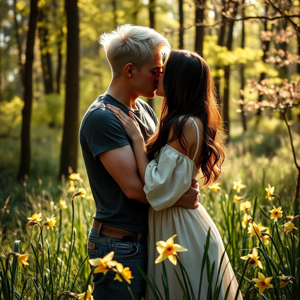 Elegant Couple Embracing in Springtime Woods