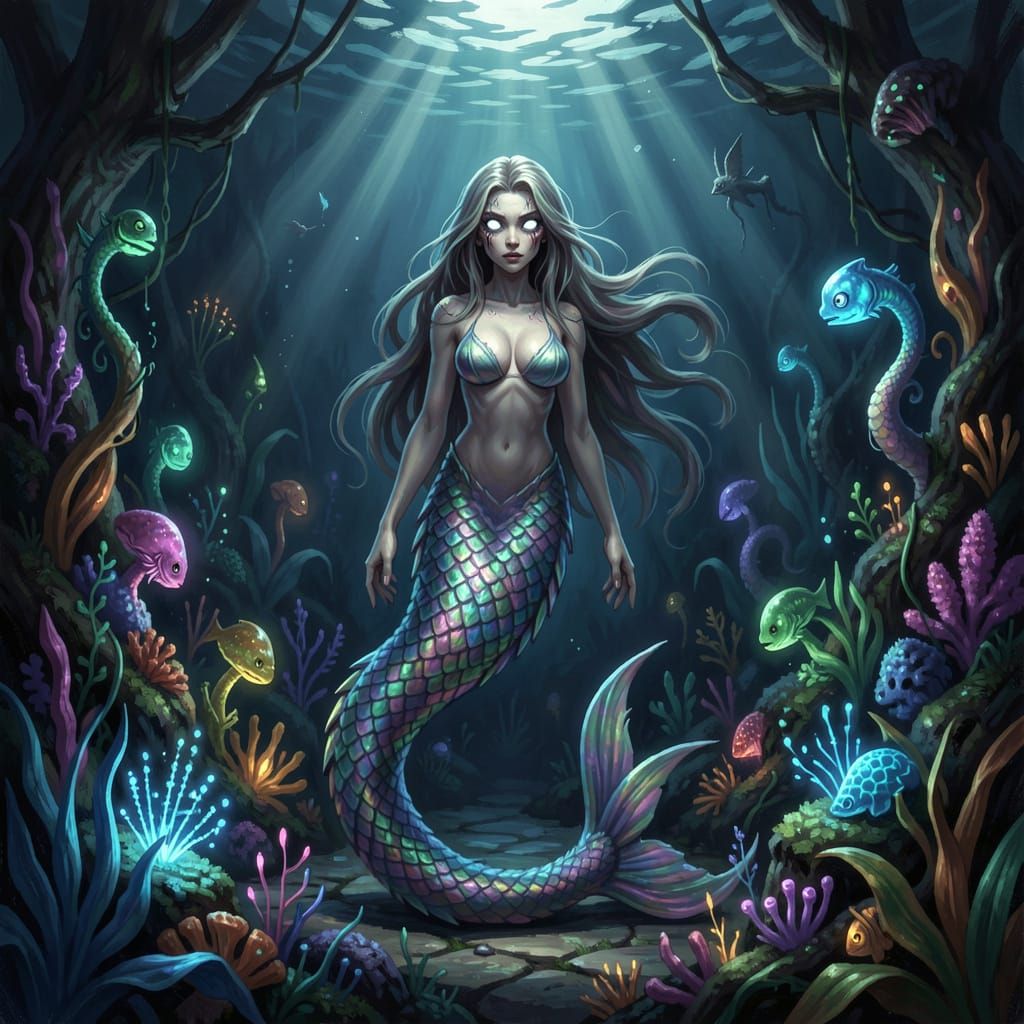 Ethereal Siren with White Eyes Amidst Lush Sea Life