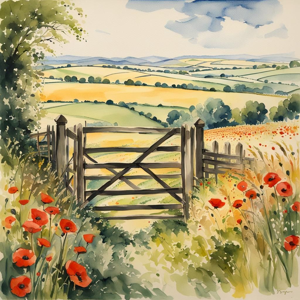 Five-Bar Gate with Poppies in Watercolor