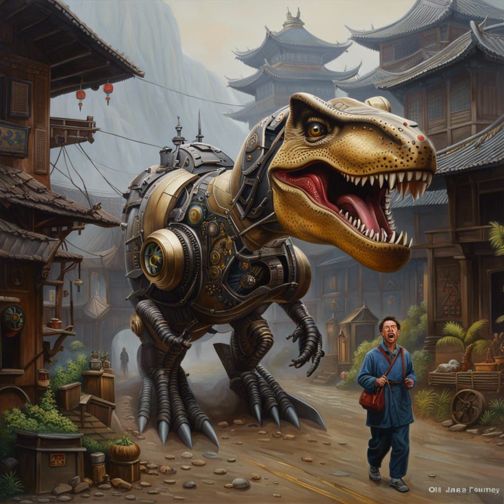 Brass Robotic T-Rex in Surreal Chinese Village