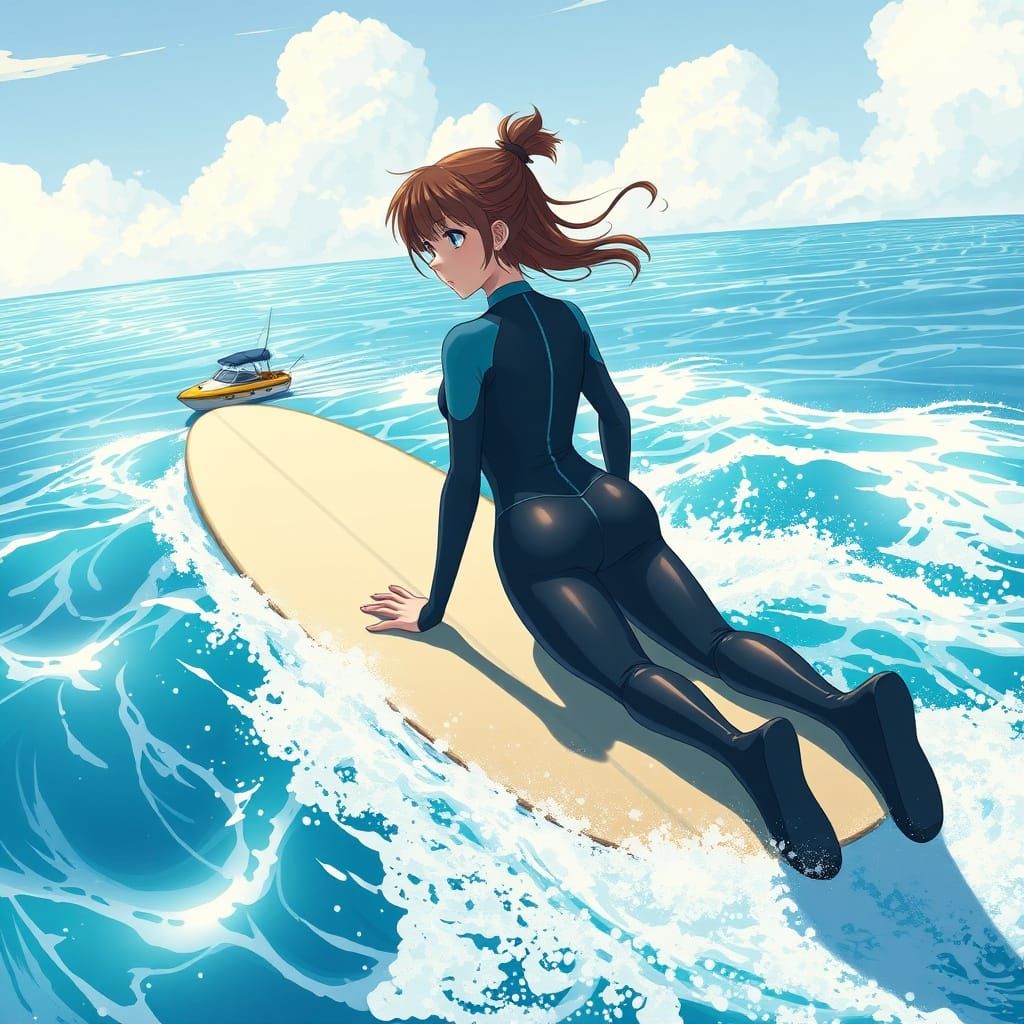 Giant Surfer Goddess Rides the Waves in Cinematic Manga Styl...