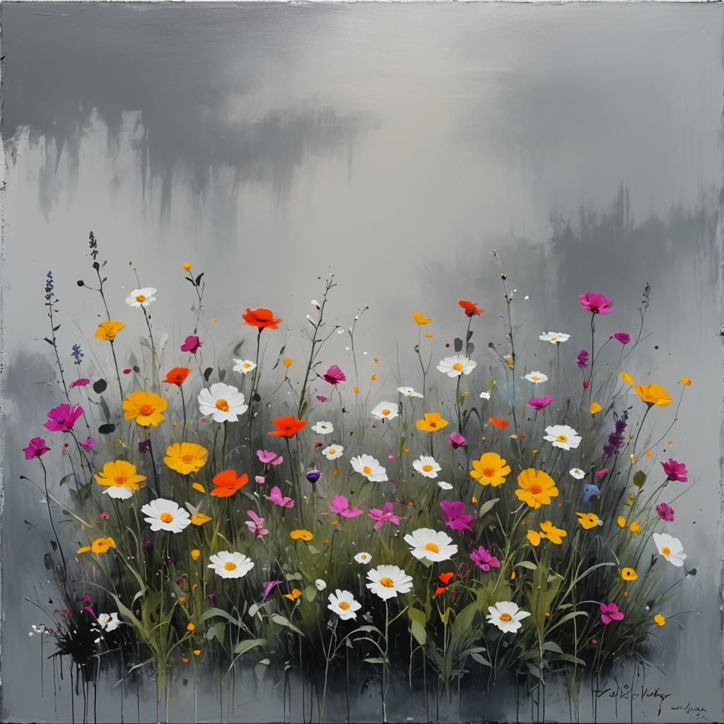 Abstract Misty Gradient with Neon Flowers as Oil Painting