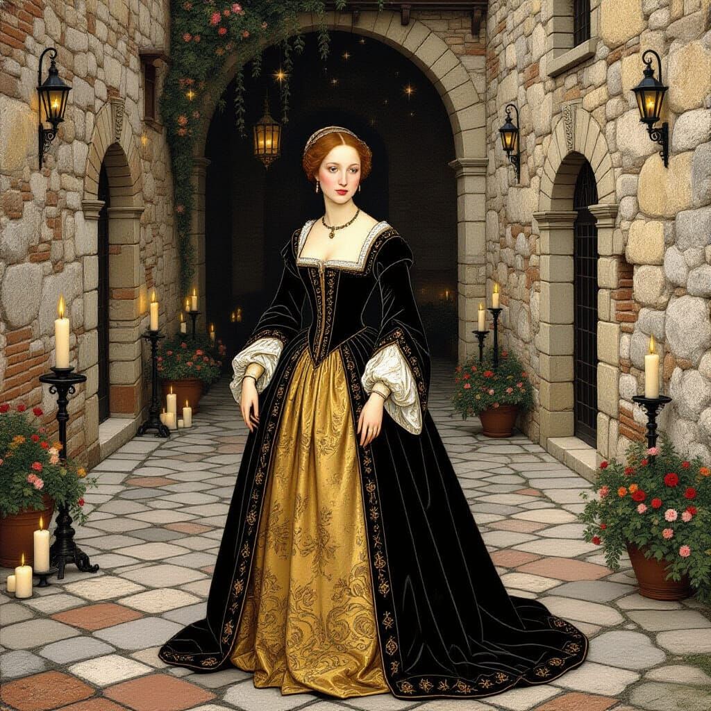 Renaissance Woman in Courtyard, Klimt-Inspired Art