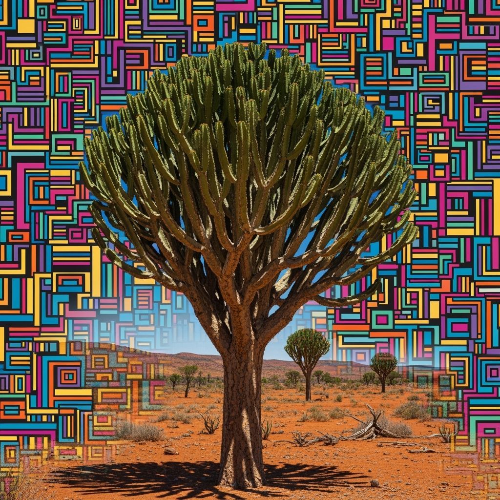 African Psychedelic Op-Art Candelabra Tree in Desert