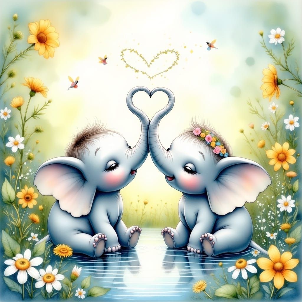 Vintage Whimsy: Adorable Baby Elephants in a Serene Pond