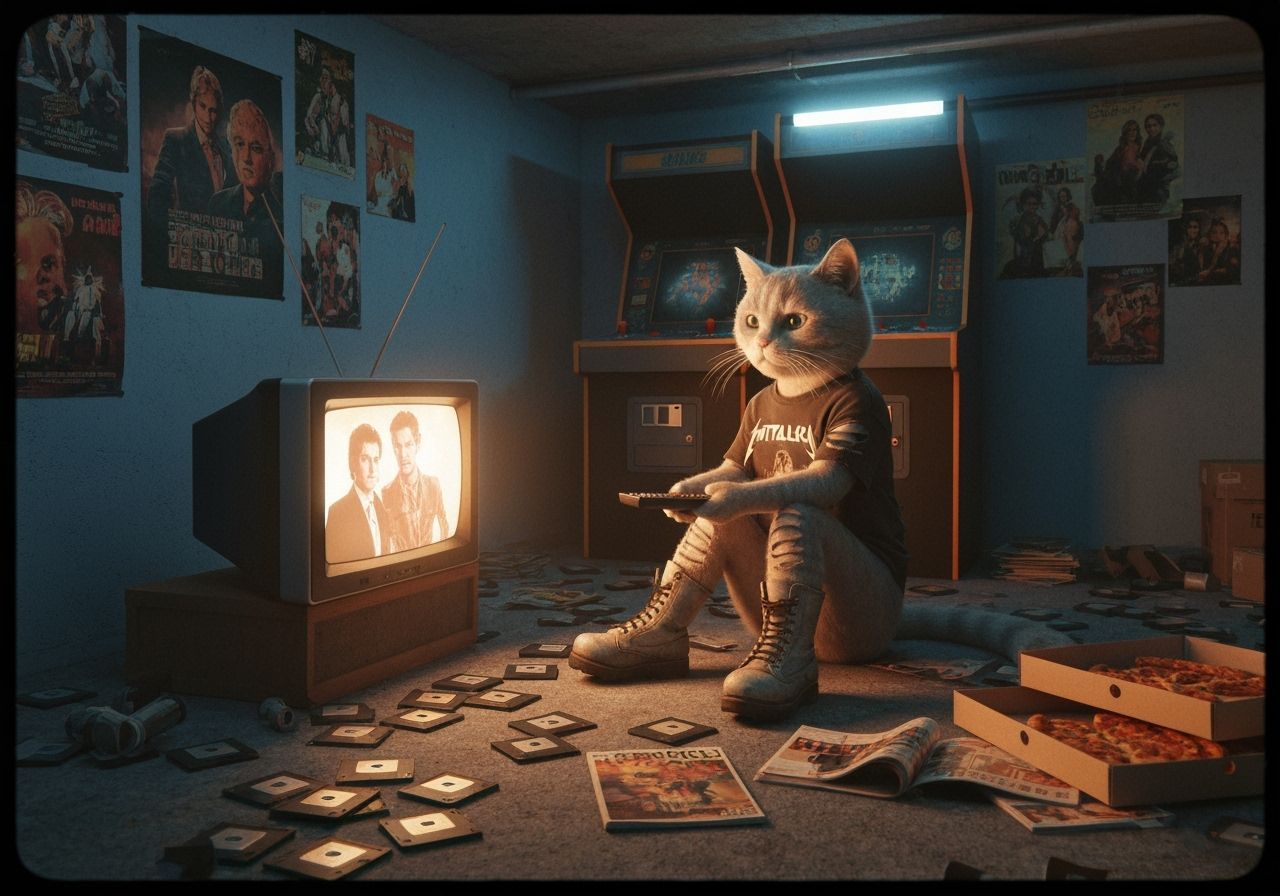 Retro 90s Cat in Basement with VHS Filter