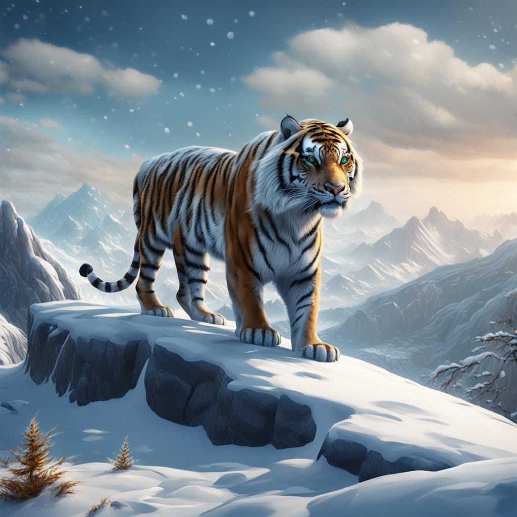 Snowy Tiger on a Hill: Detailed Fantasy Art