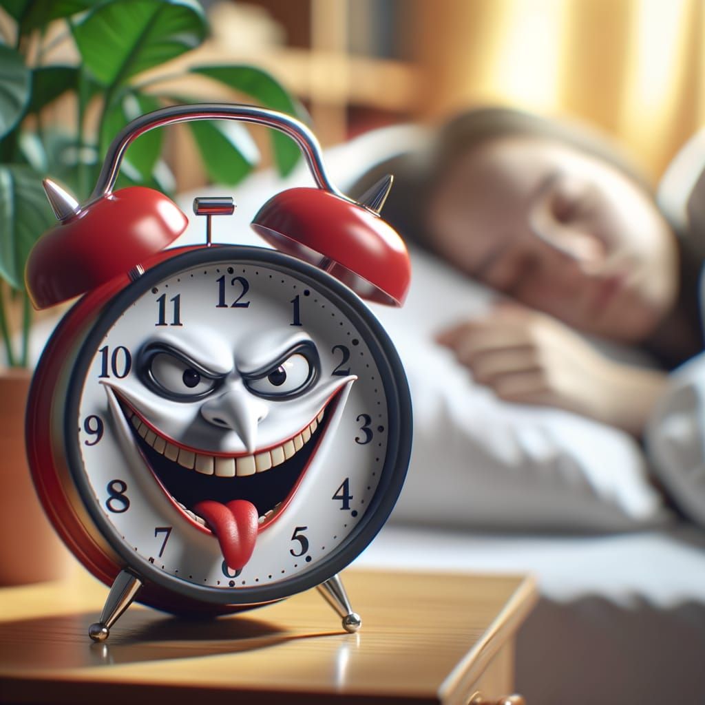 Whimsical Alarm Clock Mischievous Awakening Scene