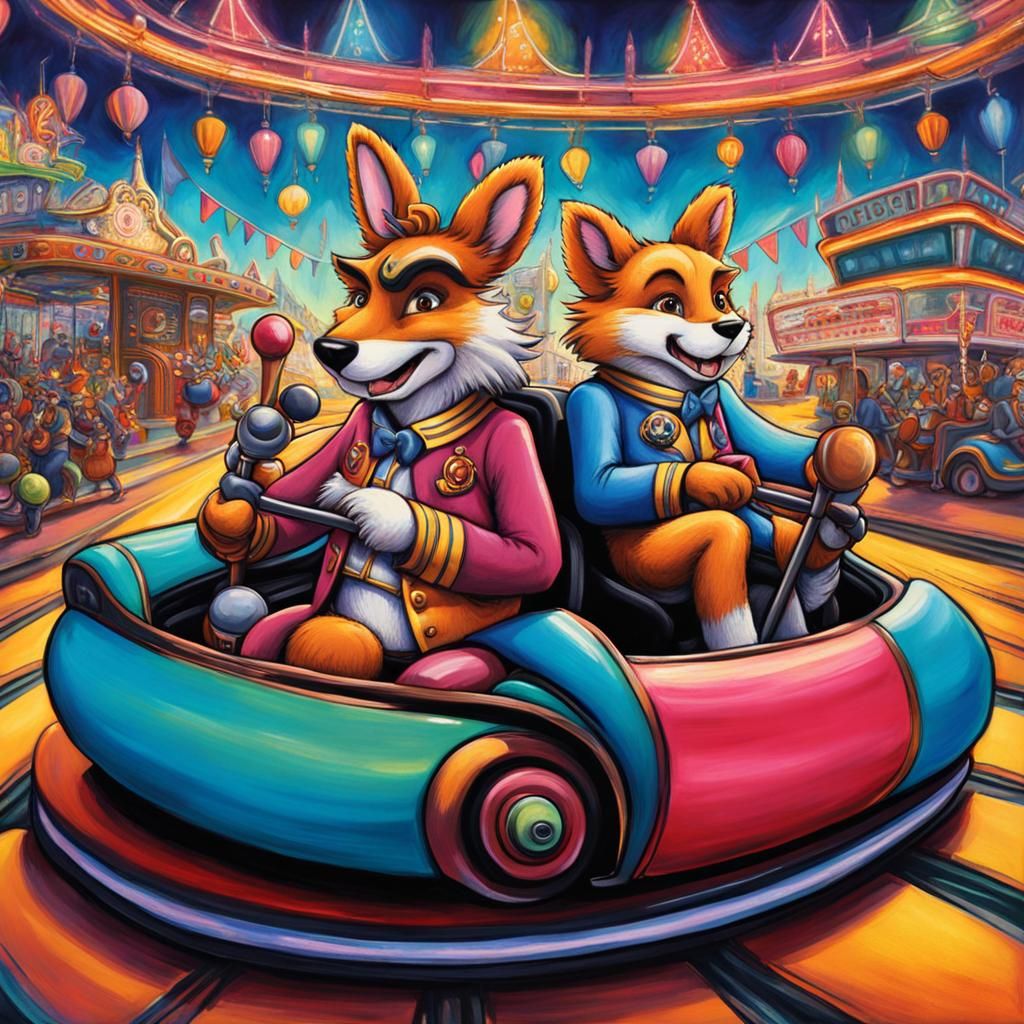 Cartoon Furries in Bumper Car, Art Nouveau Pastel