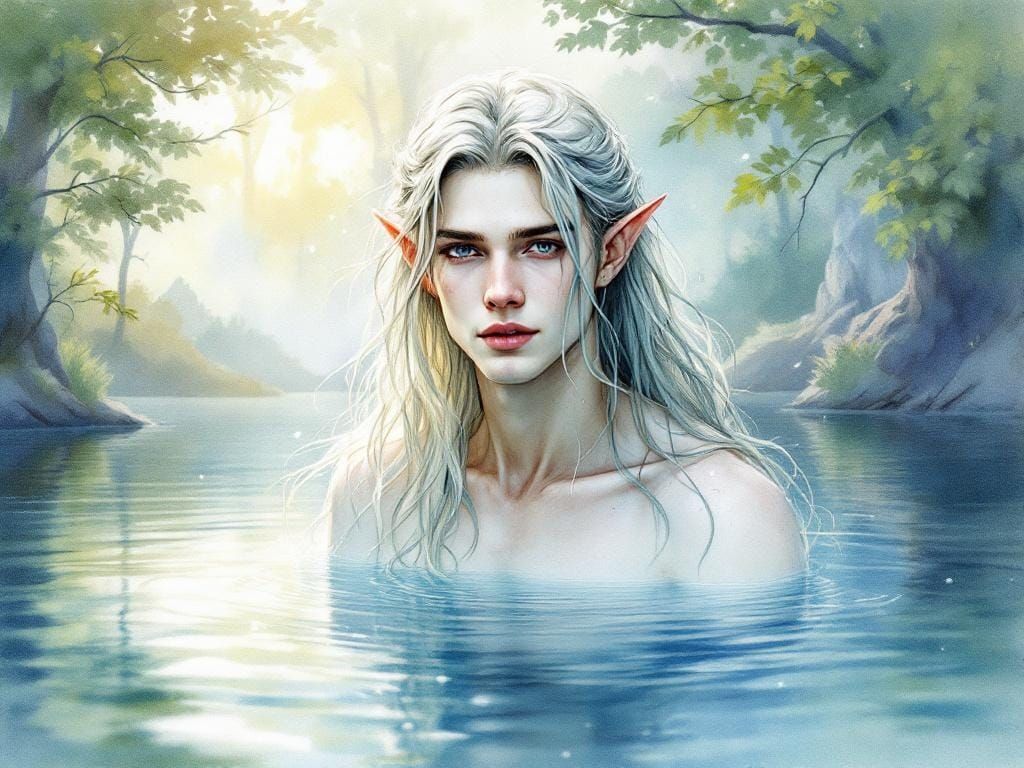 Magical Nixie Emerges from Forest Lake: Watercolor