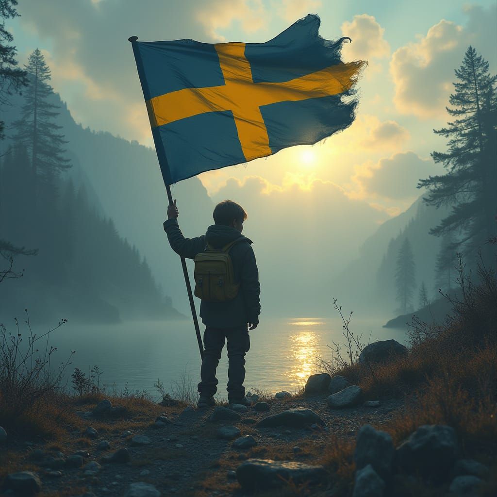 Dramatic Nordic Scene with Flag-Waving Youth