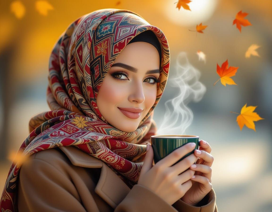 Woman with Autumn Coffee in Hyperrealistic Splash Art