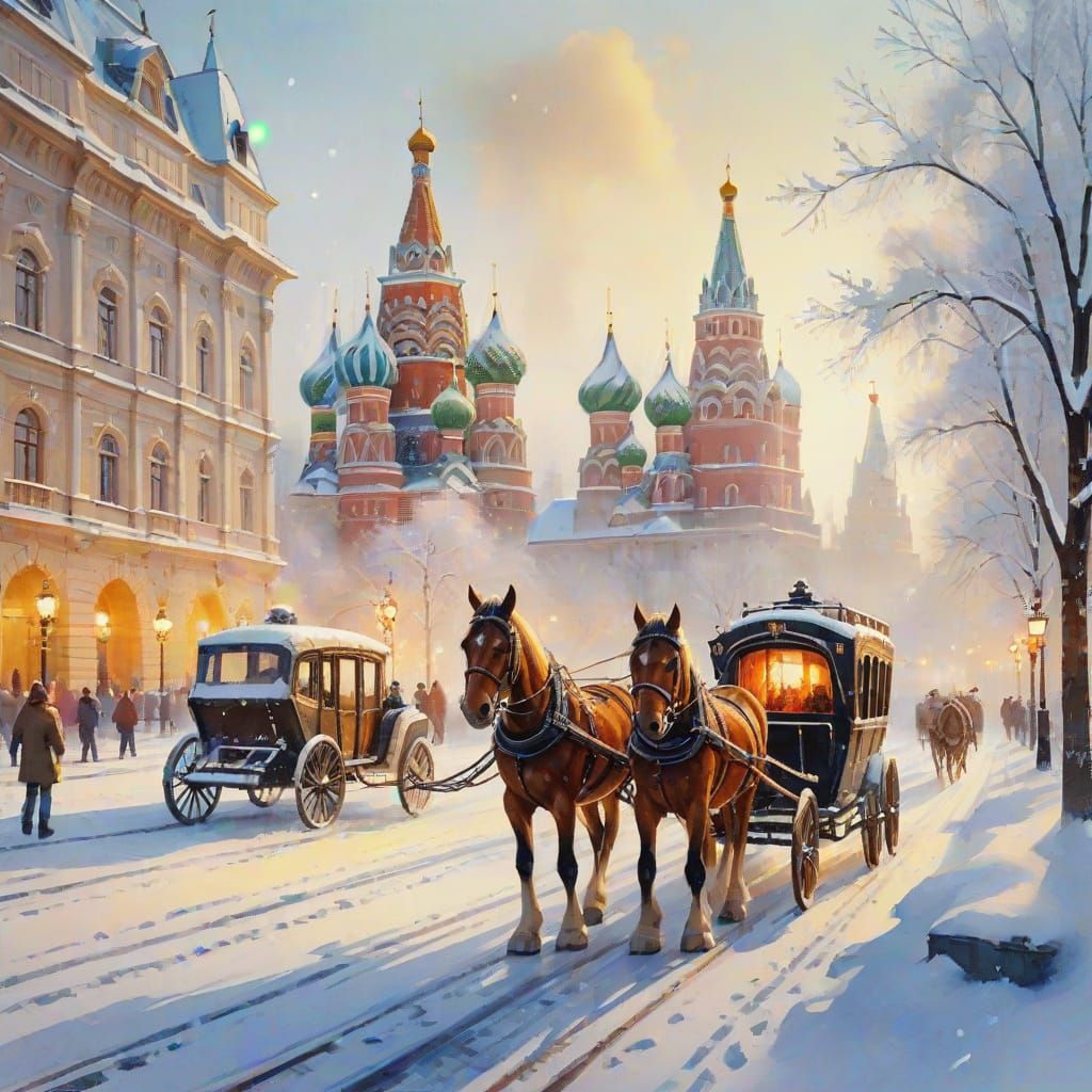 Winter Sled Ride in Moscow: Oil Painting